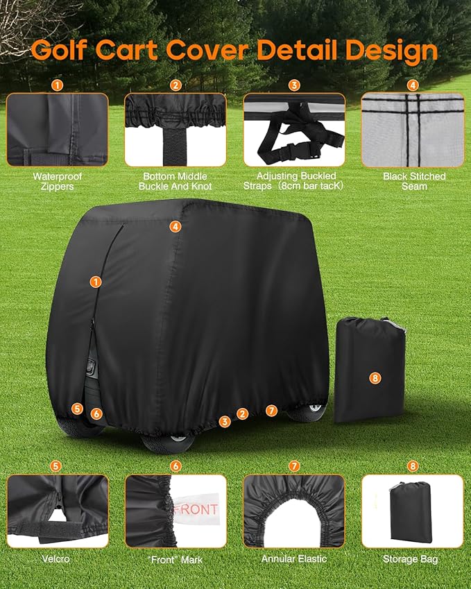 Golf Cart Cover 2 Passenger Heavy Duty, 420D Waterproof Golf Cart Covers Extended Roof Compatible with EZ GO Club Car Yamaha Golf Carts, Outdoor Dustproof 2 Seat Club Car Cover (Up to 95 Inch)