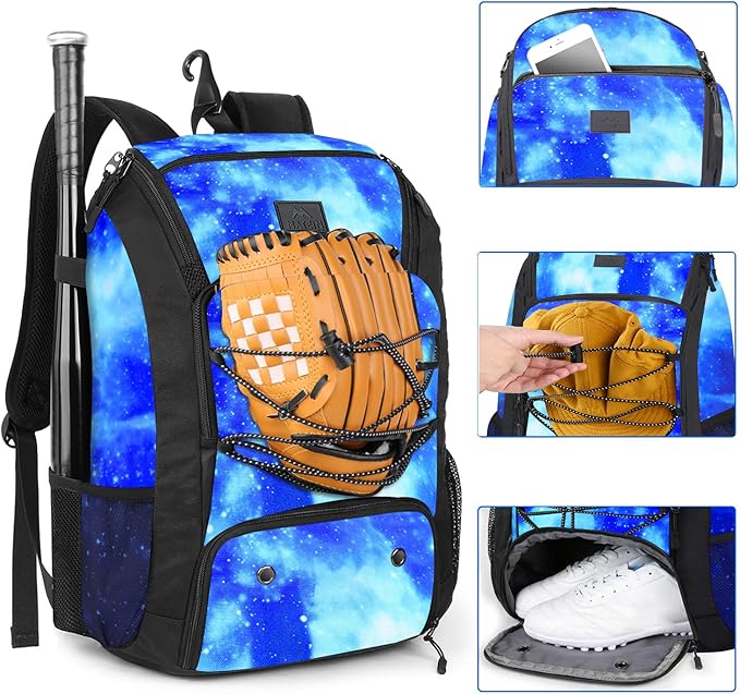 MATEIN Baseball Backpack, Softball Bat Bag with Shoes Compartment for Youth, Boys and Adult, Lightweight Baseball Bag with Fence Hook Hold TBall Bat, Batting Mitten, Helmet, Caps, Teeball Gear