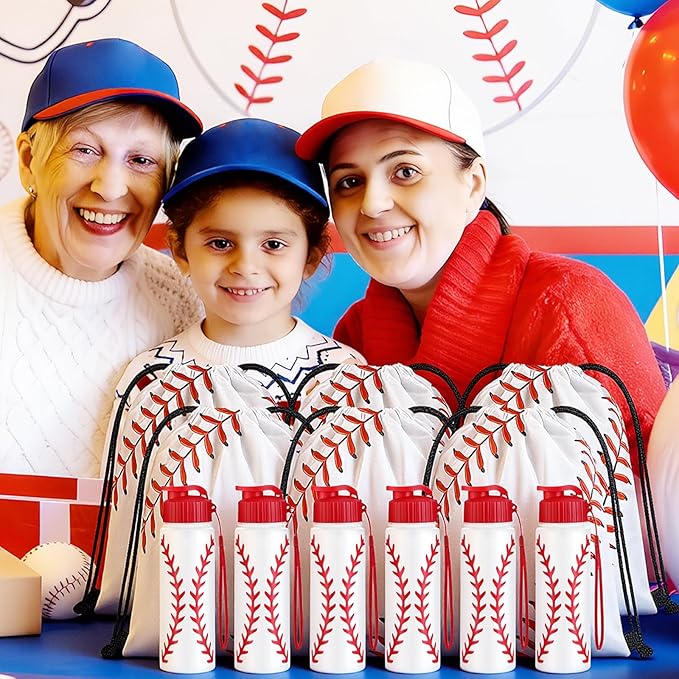 Olgaa 12 Pcs Baseball Party Favors Include 6 Pcs Water Bottle 20 oz 6 Pcs Drawstring Bag Sports Themed Reusable Drink Bottles Bulk Accessories for Players Lovers Team Gifts (Baseball)