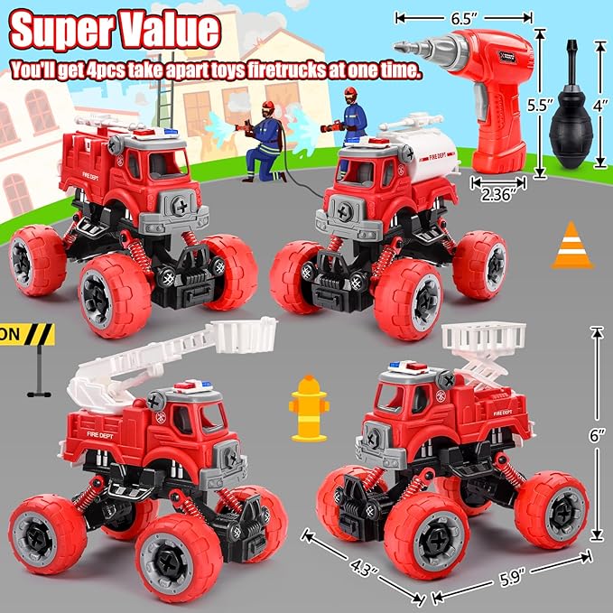 LUDILO 4PCS Fire Truck Toys for 3 4 5 Year Old Boy Birthday Gifts DIY Assembly - Image 7