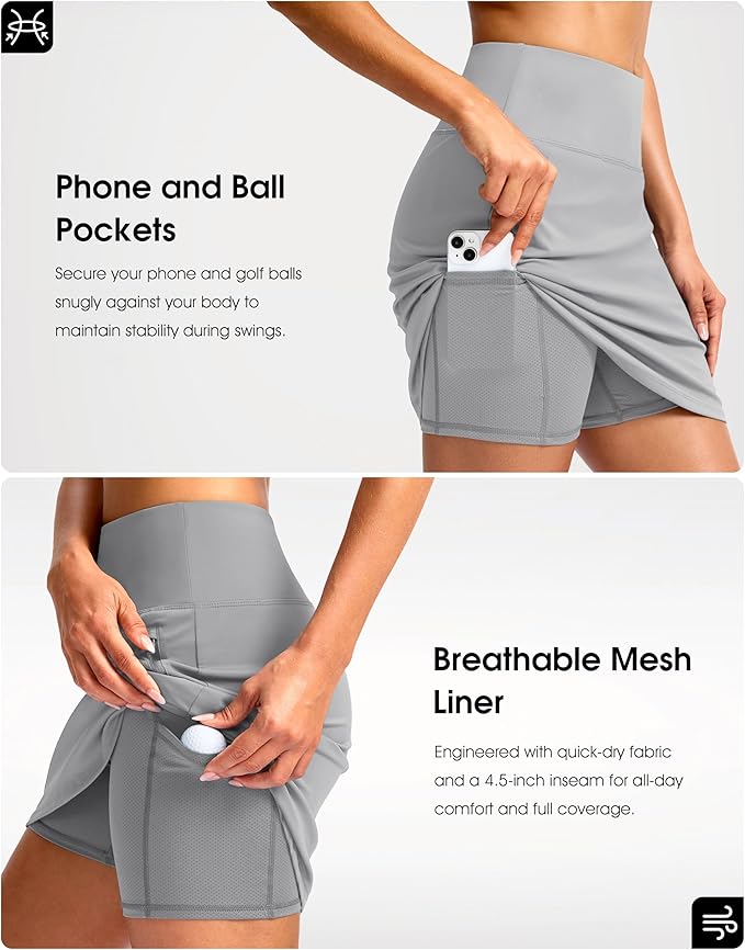 G Gradual 18" Golf Skirts for Women Zipper Pockets Mid Length Skort with Shorts Underneath High Waist Tennis Pickleball