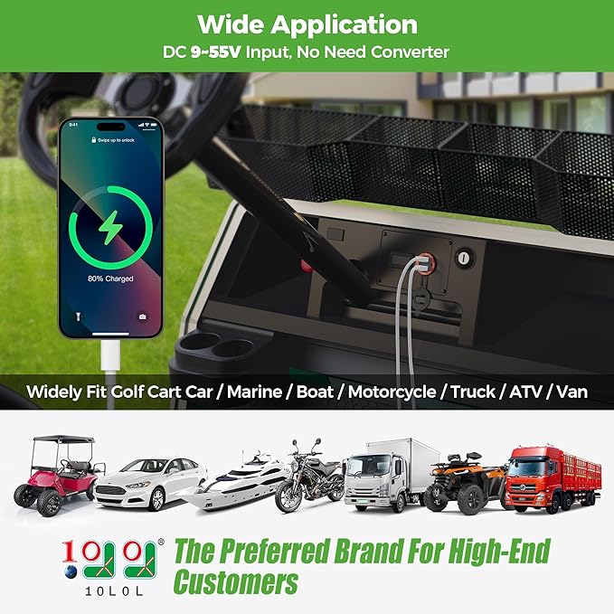 10L0L 9V-55V Input Golf Cart Quick Charge 3.0 Dual USB Charging Socket,2 in 1 USB Ports & Digital Voltmeter Universal for Club Car,EZGO and Yamaha,Metal Shell Safe Charge Outlet