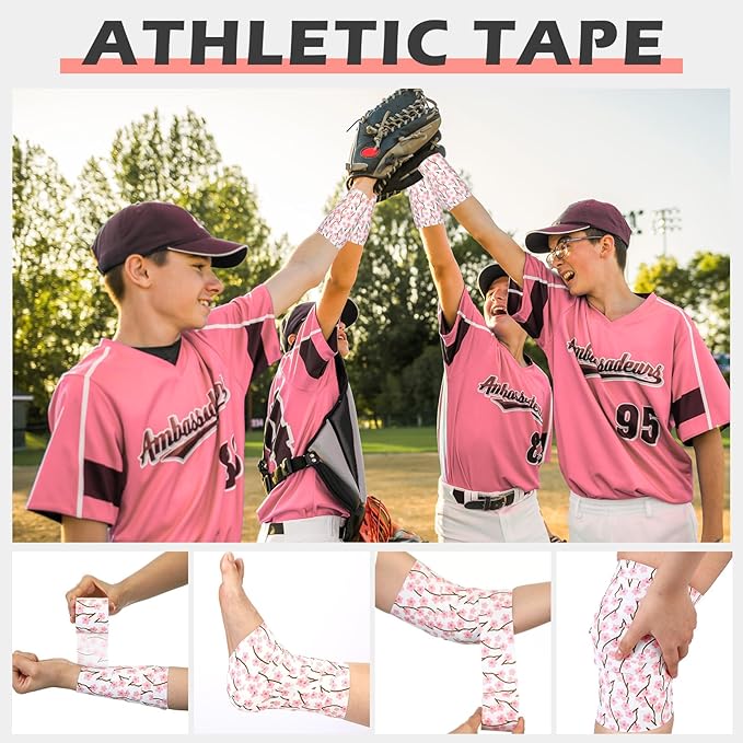 TrelaCo 1 Pcs Wrist Tape Baseball Cross Christian Athletic Tape 2in x 23ft Sports Wrap Cotton for Football Hockey Soccer Baseball Fingers Ankles Wrist Injury Wrap(Pink Cherry Blossoms,White)