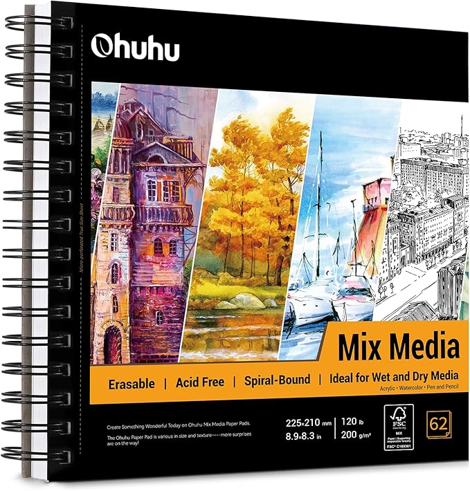 Mix Media Pad, Ohuhu Mixed Media Art Sketchbook, 120 LB/200 GSM Heavyweight by Ohuhu