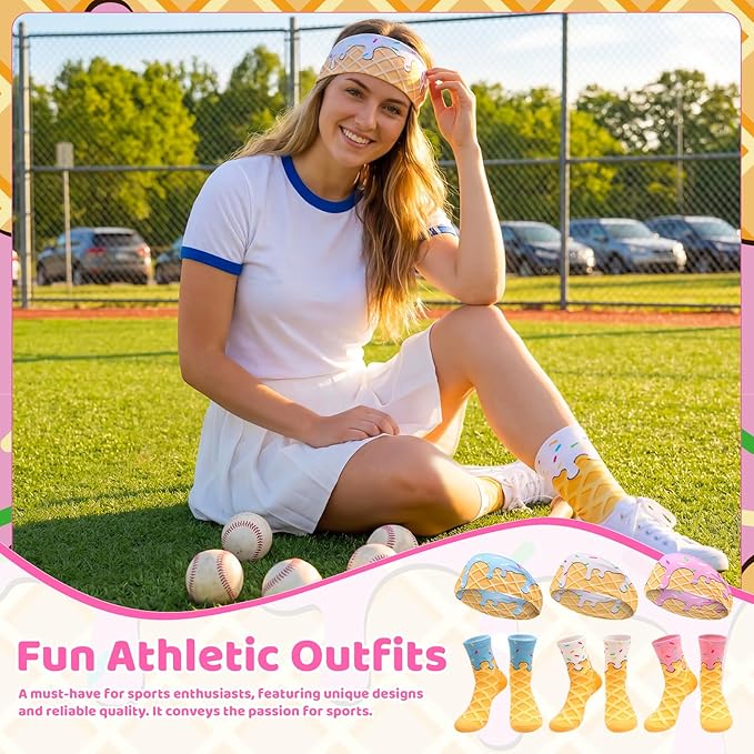 Ice Cream Baseball Headband and Ice Cream Sock Sports Elastic Sweatband Funny Sports Baseball Gifts for Youth Teen Women Men Athletes Football Basketball Running Gym Party Favors