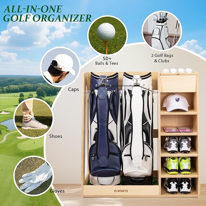 WINGYZ Premium Birch Plywood Golf Bag Storage for 2 Bags | 36lb Rock-Solid Golf Bag Organizer | 7-Shelf Command Center | Artificial Turf 12-Ball Display | No Wall Mounting Required (Natural)