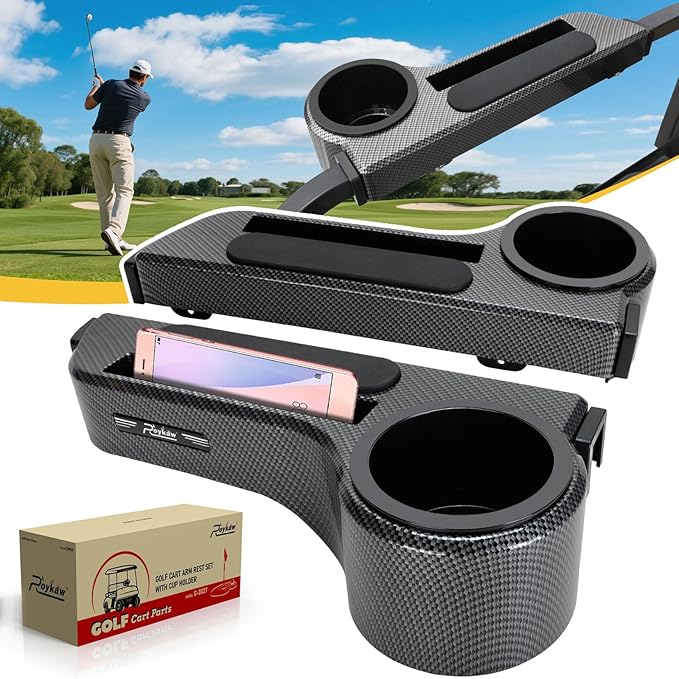 Roykaw Golf Cart Armrest No Drilling Rear Seat Arm Rest, Universal Compatible with EZGO Club Car Yamaha Square Frame Model, with Cup Holder & Phone Holder, Easy to Store & Waterproof