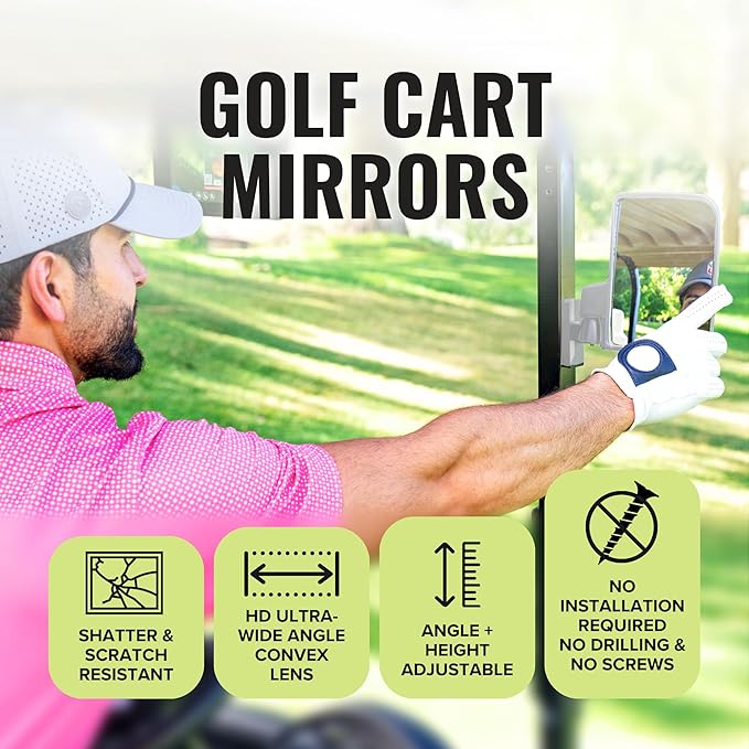 Stripebird - Magnetic Golf Cart Mirrors 2.0 (White) - No Drilling - Ultra-Strength Magnet - 2 Folding Side Mirrors - EZ Go Accessory - Club Car Accessory - Golf Cart Accessory