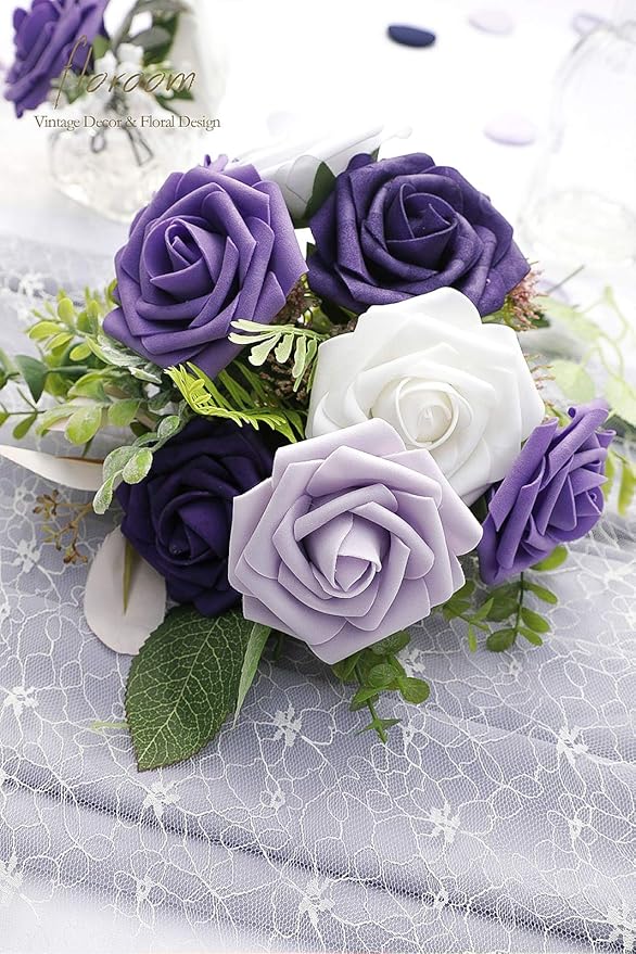 Floroom Artificial Flowers 25pcs Real Looking Violet Purple Ombre Colors Foam - Image 4