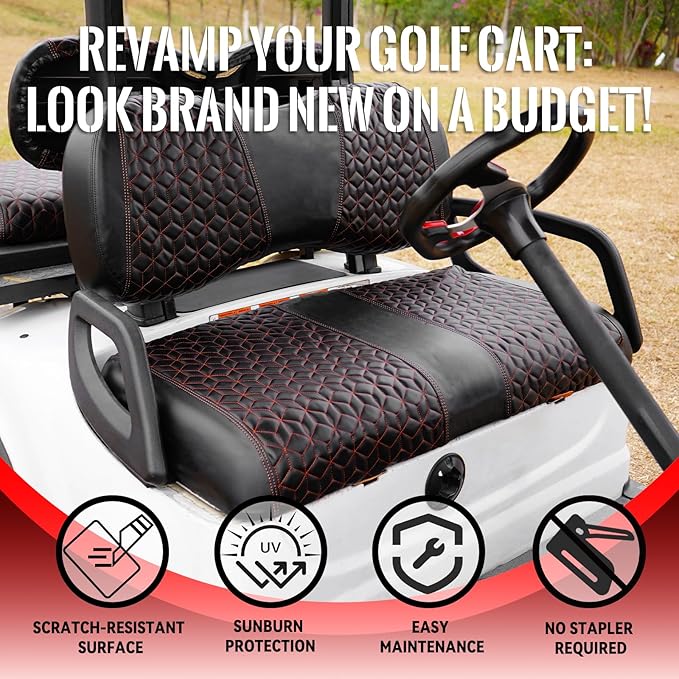 Golf Cart Seat Covers Front and Rear for Yamaha G29/Drive/Drive 2 2007+ Standard Seat Cushion, EZGO Vinyl Leather Seat Cover Set Replacement Accessories, No Staples, Black(4 PCS)