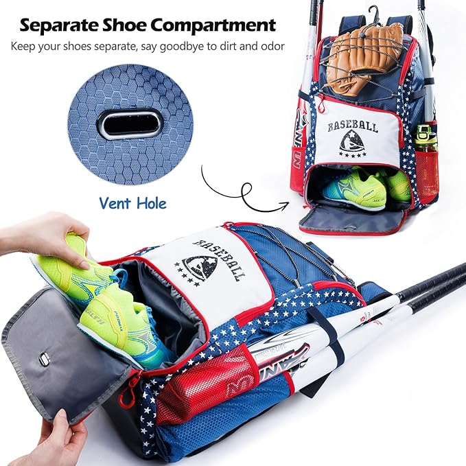 Baseball Bag for Youth & Adult with 4 Bat Sleeves - Softball Bat Bag with Shoe Compartment - Baseball Backpack for T-Ball, Softball Equipment, Baseball Gear, Baseball Bags for Boys 8-12
