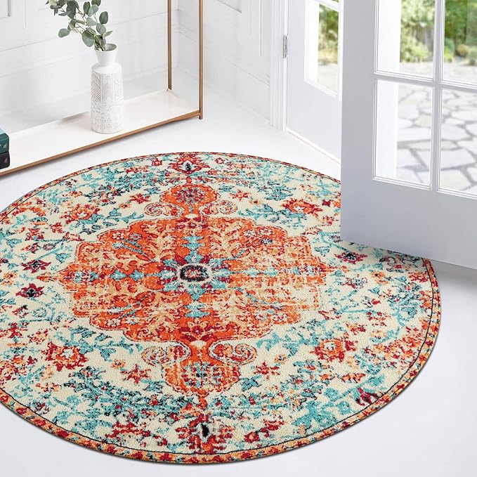 Lahome Bohemian Floral Medallion Round Rug - 3Ft Oriental Distressed Small by Lahome