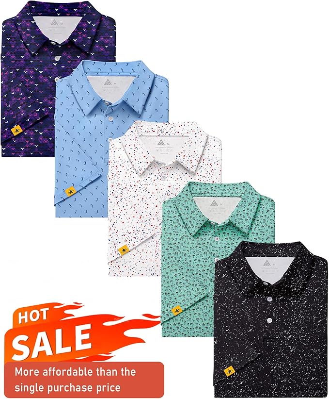 ZITY 5 Pack Mens Golf Shirt Short Sleeve UPF 50+ Moisture Wicking Performance Print Patterns Casual Golf Polo Shirts for Men