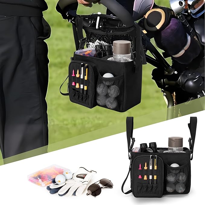 Golf Push Cart Organizer Bag with Insulated Cup Holder and Multi-Pockets, Fits Most Carts