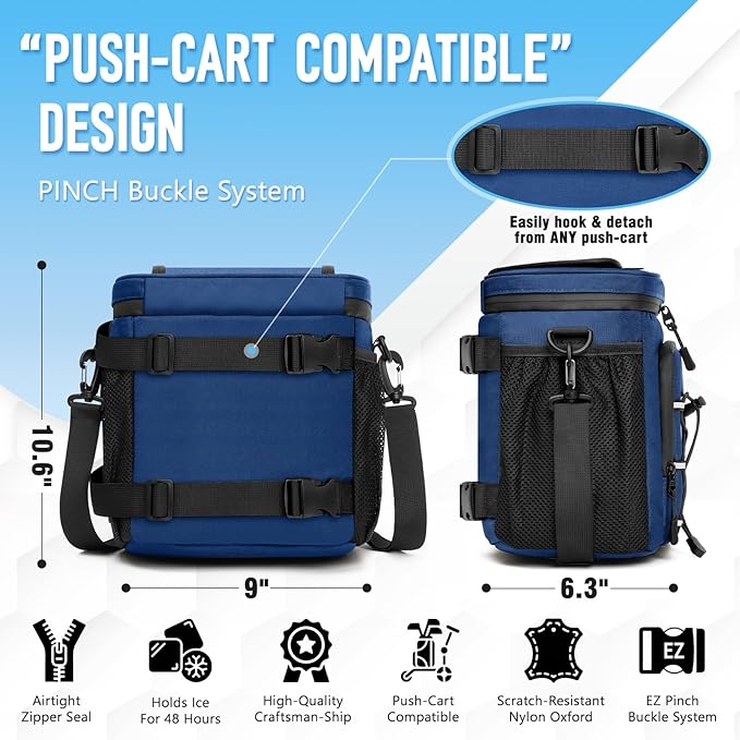 Golf Cart Cooler Bag Insulated - 12-Can Leakproof Soft Cooler Bag with Hook-and-Loop Lid, Waterproof Zippers, and Multi-Pockets for Accessories; Fits on Golf Push Cart