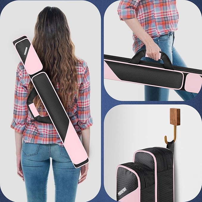 PEKREWS Pool Cue Case, Pool Stick Case 2x2 Holds 2 Sticks with 2 Accessory Zipper Pockets, Sturdy Polyester Pool Cue Carry Bag with Shoulder Strap Handle, Soft Billiard Cue Sling Bag for Men and Women