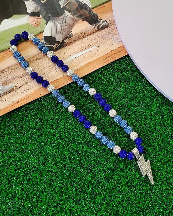 Baseball Necklace for Men 16/18/20 Inch Bling Ice Collection Lightning Bolt Pendant Necklace for Women Rhinestone Clay Beaded Discoball Accessories Gifts for Baseball Team Players Lovers