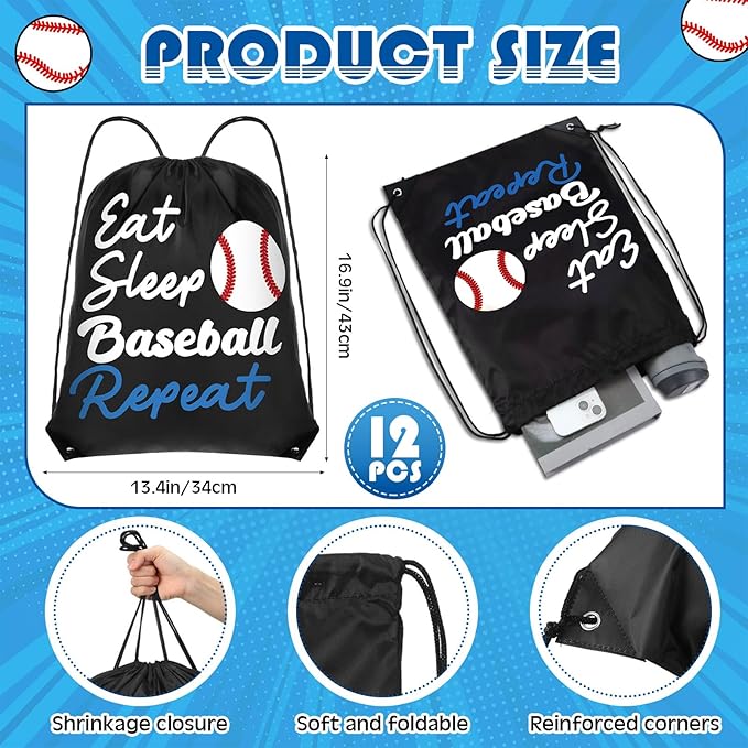 Reallnaive 24 Pcs Baseball Party Favors Gifts, 24 oz Baseball Water Bottles Reusable Sport Squeeze Drinking Cup, Eat Sleep Drawstring Bag Sport Pack Cinch Sack for School Team Gift Event Accessories