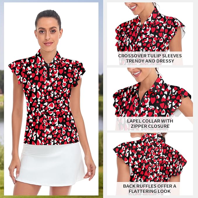 Soneven Womens Petal Sleeve Golf Shirts Moisture Wicking Lady Golf Apparel Print Tennis Sport T Shirt