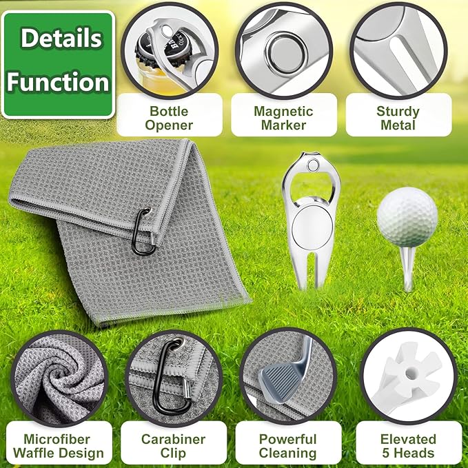 Golf Accessories for Men Women, Golf Gift Stuff with Hi-End Case, Golf Tees, Golfeball Marker, Golfer Towel, Club Brush, Divot Repair Tool, Stroke Counter and Marker Pens for Any Golf Fan, Souvenir