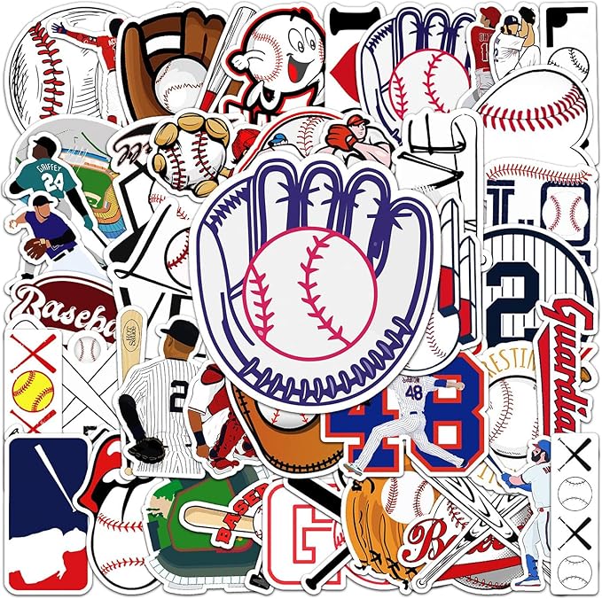 JOICEE 50pcs Baseball Stickers，Waterproof Vinyl Baseball Tattoos for Kids Teens Boys Adults, Sports Decals for Snowboard Laptop Water Bottles Hydro Flasks Phone Guitar Skateboard Computer