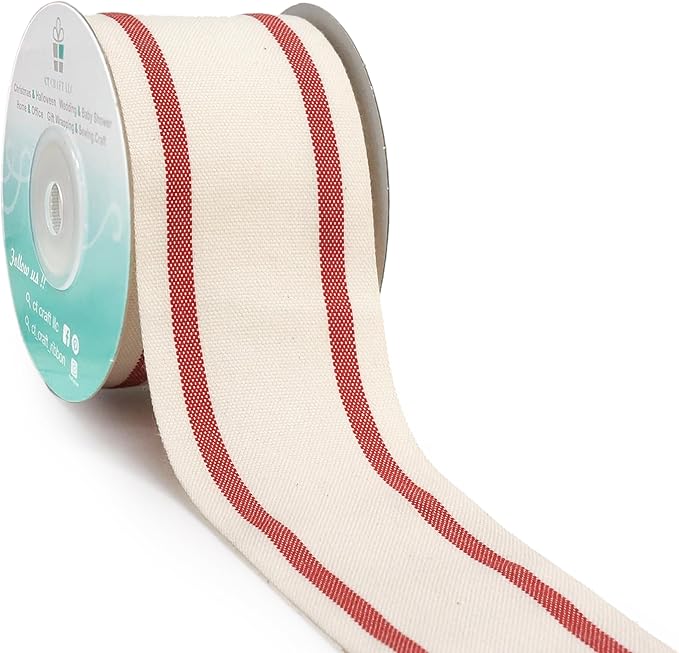 CT CRAFT LLC Ivory Cotton Red Stripes Ribbon 2" x 10 Yards by CTCRAFTLLC
