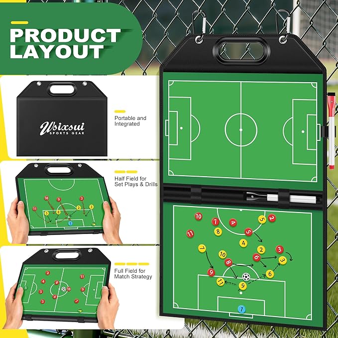 Soccer Coaching Board with Leather Cover, Magnetic Dry Erase Clipboard with Handle for Soccer Coaches | Foldable Full & Half Field Tactics Board with Markers and Clips