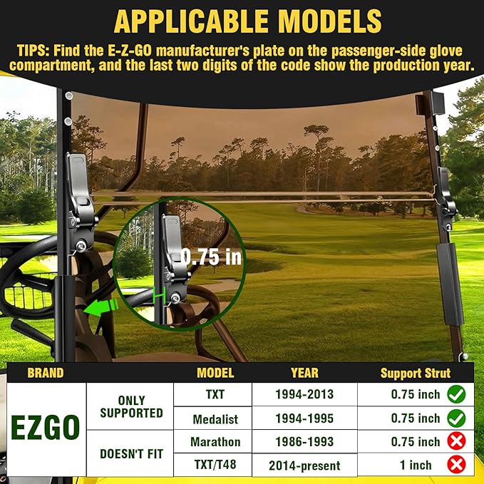 (3rd Gen HINGE) EZGO Golf Cart Windshield, 3/16" (5MM) Thickened PC Ezgo TXT Windshield Replacement Fits 1994 to 2013 Ezgo TXT and Medalist, Heavy Duty Hinge, Foldable, Pre-installed Fits 3/4" Rail
