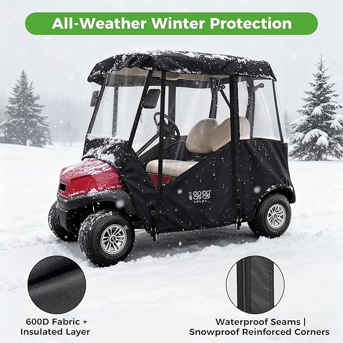 10L0L 2/4/8 Passenger Golf Cart Enclosure for Club Car Precedent/Tempo/Onward, 600D Waterproof Golf Cart Rain Cover, Driving Enclosure with 4-Sided Clear Windows Roll-up Door Black -Roof 58"-141"