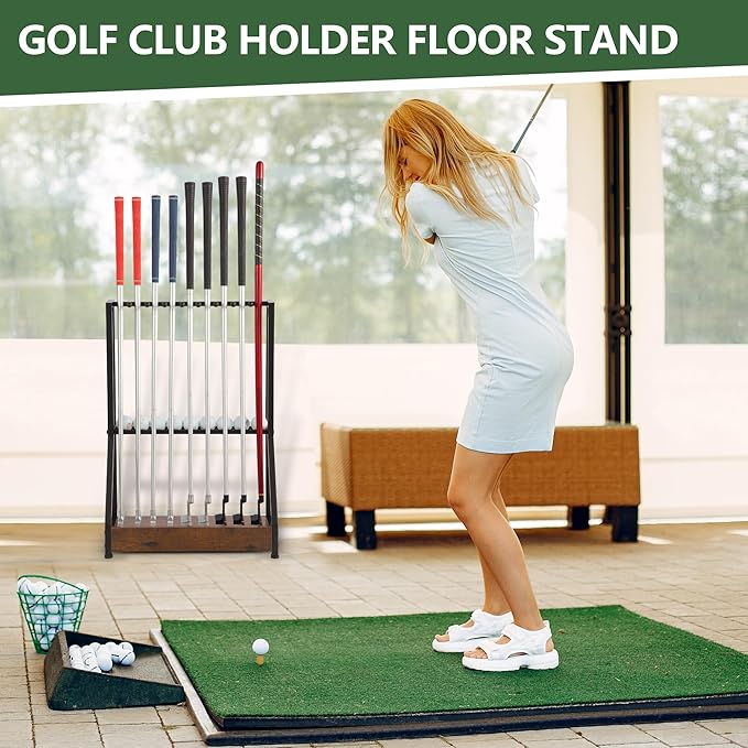 Golf Club Holder for 9 Clubs & 9 Balls, Solid Wood & Iron Golf Organizer, Golf Putter Holder Floor Stand, Golf Club Stand Suitable for Golf Simulators｜Golf Course Accessories