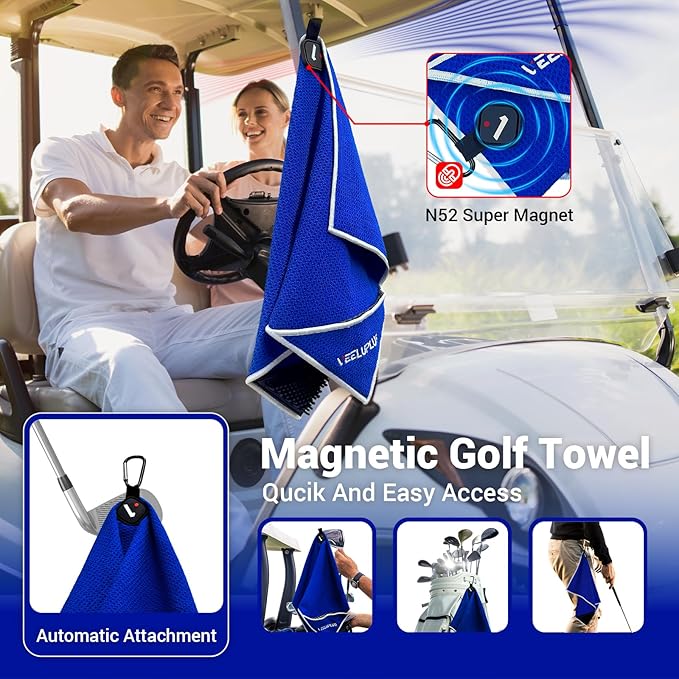 4-in-1 Magnetic Golf Towel with Brush & Cleaning Pocket -Premium Construction Golf Towel- Super Strong Golf Club Cleaner- Microfiber Waffle Design-15.7" X 23.6" Golf Accessories and Gifts for Men