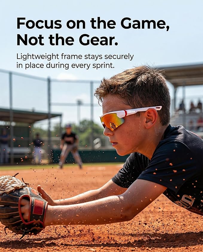 maivnz Youth Baseball Sunglasses for Boys and Girls Ages 6-12, Kids Sports Glasses for Softball Cycling, Helmet Compatible
