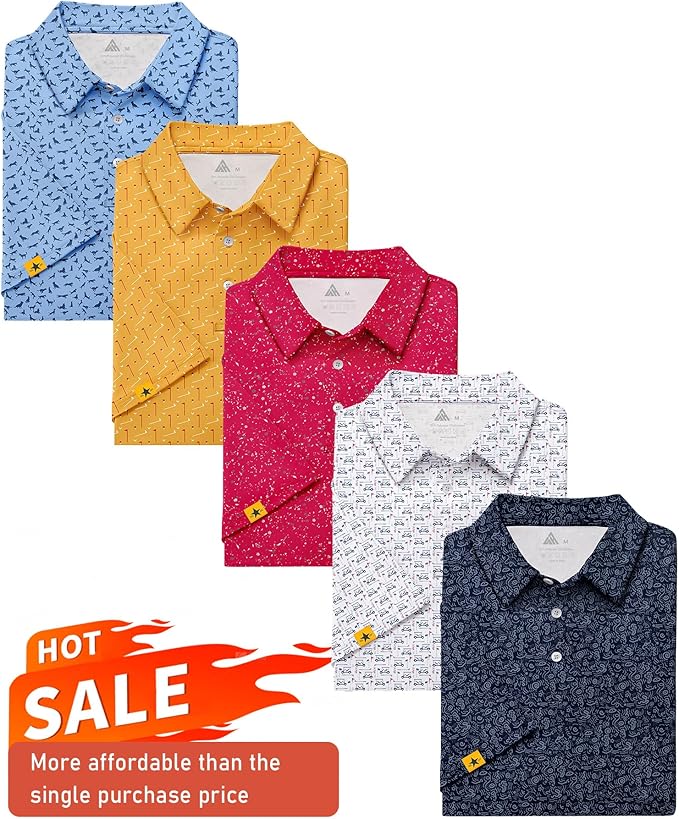 ZITY 5 Pack Mens Golf Shirt Short Sleeve UPF 50+ Moisture Wicking Performance Print Patterns Casual Golf Polo Shirts for Men