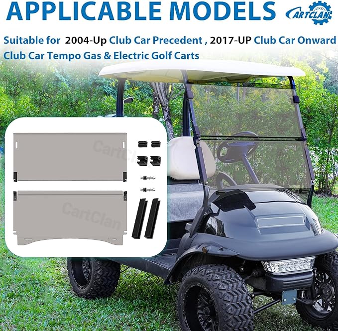 Golf Cart Windshield, Club Car Windshield with Windshield Clips Suitable for 2004-Up Club Car Precedent/Onward/Tempo Golf Carts, PC UV Resistant, Club Car Foldable Windshield Replacement