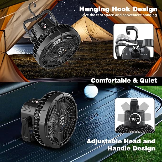 Roykaw 10400 mAh Magnetic Golf Cart Fan Portable Rechargeable Battery Powered, 24+ Hrs, w/LED Lights, Compatible with EZGO/Club Car/Yamaha & All Ironic-Body, Cordless & Remote Control, 2 PCS