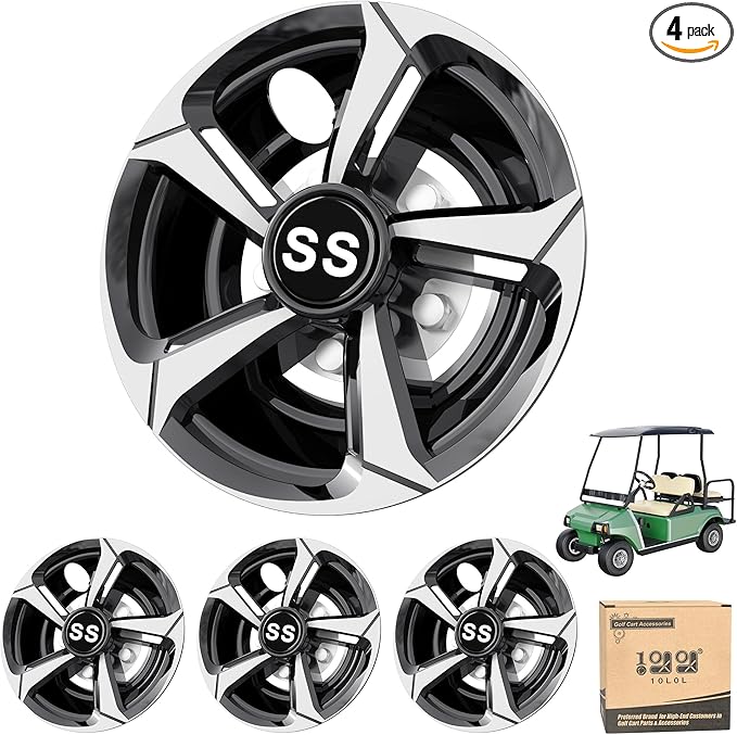10L0L Golf Cart Wheel Covers Hub Caps for EZGO, Club Car, Yamaha - 8 Inch Snap-on Installation, Set of 4 (Silver-Black)