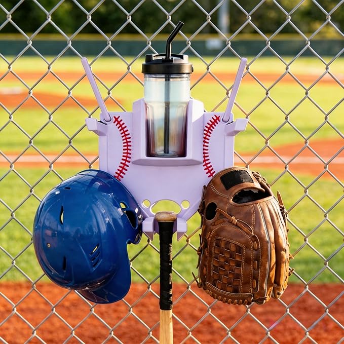 Baseball and Softball Dugout Organizer, Fence-Mounted Hanging Rack for Bats Helmets Gloves Drinks, Portable and Space-Saving (Purple)