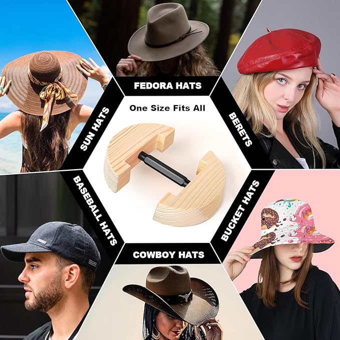 Hat Stretcher for Fitted Hats, Cowboy Hat Stretcher Fitted Hat 7 to 8 1/2, Adjustable Wooden Hat Jack Stretcher Fits All Caps
