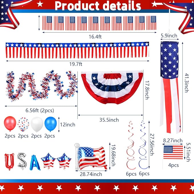 Tryly 4th of July Golf Cart Decorations Kit, Patriotic Parade Golf Cart Decor - Foil Fringe Garland, Pleated Fan Flag, Flag Windsock,Tinsel Garland, for Independence Day Memorial Day (Dependence)