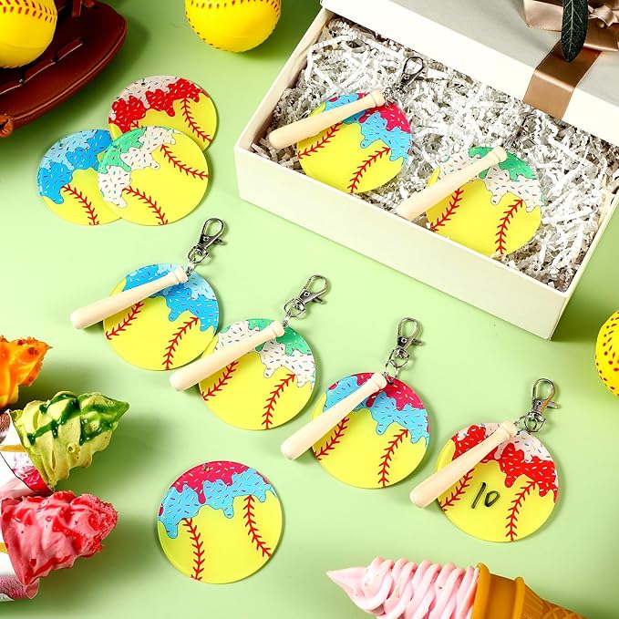 Cunno 12 Sets Softball Ice Cream Drip Acrylic Keychain Blank DIY Kit Bulk Softball Ice Cream Theme 3 Inch Acrylic Keyring with Swivel Snap Hook Keychain for Team Gifts Sport Party Favors