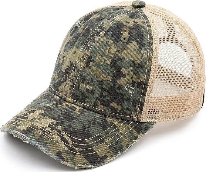 Funky Junque Trucker Hat for Women – Distressed Low Profile Western Camo Baseball Cap with Mesh, Trendy and Adjustable Fit