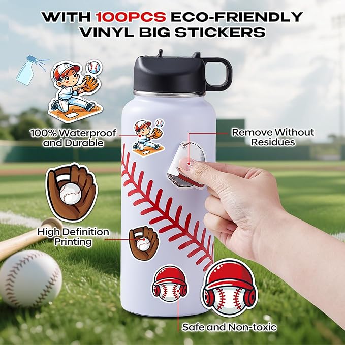 Baseball Water Bottles for Boys 32 oz and 100 PCS Baseball Stickers Sports Insulated Stainless Steel Water Bottle Baseballs Accessories Stuff Gear Gifts For 8-12 12-14 Player