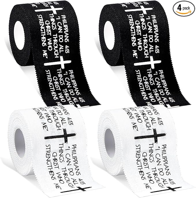 4Pcs Christian Athletic Tape 2in x 23ft Faith Cross Bible Verse Sports Tape Religious Cotton Zinc Oxide Wristbands Jesus Wrist Tapes for Football Baseball Athlete Gymnastics First Aid Injury Wrap