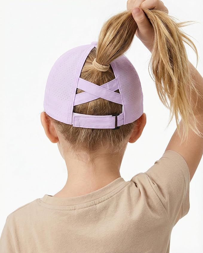 Little Girls Reflective Baseball Cap Criss Cross Ponytail Hat Kids Quick Dry Mesh Summer Sports Hat for Toddler Ages 3-8