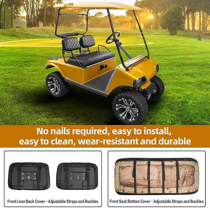 NOKINS Golf Cart Seat Covers Fit Club Car DS Pre-2000 OEM Ordinary Front Seat Cushion,Golf Cart Leather Diamond Replacement Front Seat Cover Black Stitching No Stapler Required