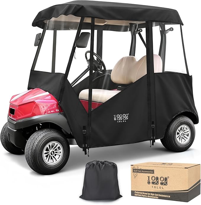 10L0L 2/4/8 Passenger Golf Cart Enclosure for Club Car Precedent/Tempo/Onward, 600D Waterproof Golf Cart Rain Cover, Driving Enclosure with 4-Sided Clear Windows Roll-up Door Black -Roof 58"-141"