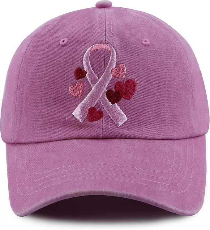 Fight Breast Cancer Hats for Women, Cotton Embroidered Pink Ribbon Little Heart Baseball Cap