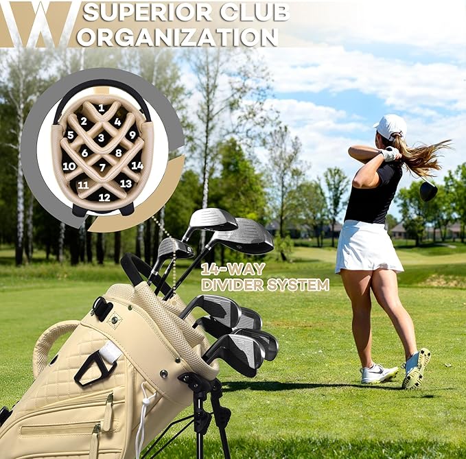 Luxury Womens Golf Bag, PU Leather Golf Stand Bag for Women/Ladies, 14-Way Full-Length Top Dividers, Ultra Lightweight, Large Pockets for Accessories