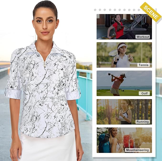 Koscacy Women's 3/4 Roll Sleeve Golf Tennis Polo Shirts UPF50+ Half Zip Dry Fit Workout Tops Athletic Shirt