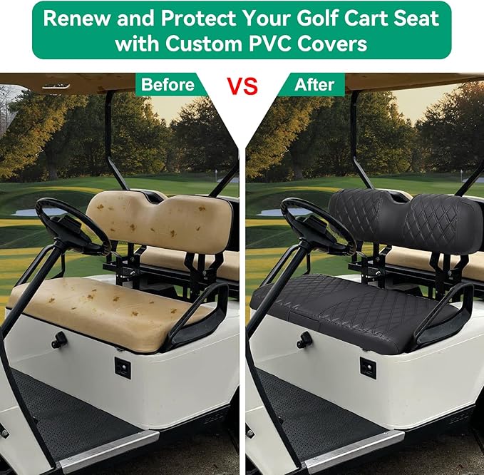 iLSKW Golf Cart Seat Cover for EZGO TXT/RXV Front Seat, PVC Thick Leather Universal Luxuary Feeling Shape Keep Seat Warm & Clean, Bench Seat Covers Breathable Washable Detachable